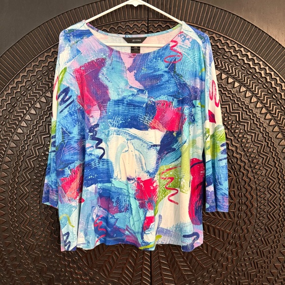 Ali Miles Multicolor Abstract 3/4 Sleeve Top XLP Artsy Lagenlook Embellished - Picture 1 of 15